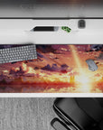 Anime mouse pad 36x16 inches with golden sky, silhouettes, and dreamy clouds, inspired by anime aesthetic, ideal for desks.