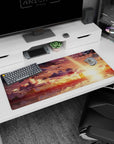 Anime desk pad 36x16 inches featuring silhouettes against a golden sky with warm amber, peach, and violet hues.