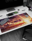 Anime desk pad 40x20 inches featuring serene silhouettes under a golden sky, with dreamy clouds in amber, peach, and violet.