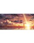 Anime mouse pad 36x16 inches featuring silhouettes under a golden sky with amber, peach, and violet hues, dreamy clouds.