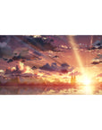Anime desk pad 40x20 inches with warm amber, peach, violet sky, and two silhouettes in serene silence under dreamy clouds.