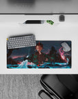 Anime mouse pad 28x12 inches featuring Tanjiro from Demon Slayer, with glowing rivers and embered skies in the background.