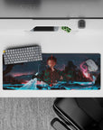 Tanjiro from Demon Slayer stands centered in a dreamscape of glowing rivers on a 32x12 inch anime mouse pad.