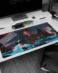 Tanjiro in green-checkered haori on 40x20 inch Demon Slayer anime mouse pad, perfect for focused gaming sessions.