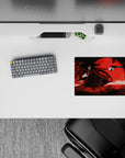 Crimson, black, and smoky shadow anime mouse pad 14x10 inches with dark gothic mood and sharp contrast.