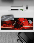 32x12 inches anime mouse pad in black and scarlet smoke, crimson night vibe, high-contrast RGB look.
