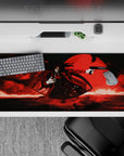 36x16 inches anime desk pad in smoky blacks and deep crimson, dark gothic vibe that pops under RGB.