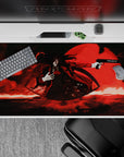 Crimson-and-black 40x20 inches anime desk pad with smoky shadows, high contrast, and dark gothic vibe.