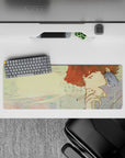 32x12 inches mouse pad with Spike Spiegel, featuring soft pastels, drifting smoke, and handwritten notes for a melancholic design.