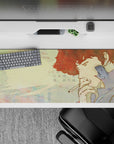 36x16 inches mouse pad with Spike Spiegel in a watercolor-inspired design, featuring pastels, smoke, and handwritten notes for true fans.
