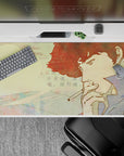 40x20 inches mouse pad showcasing Spike Spiegel in a watercolor-inspired design, with gentle pastels, smoke, and handwritten notes for a melancholic vibe.