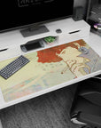 Large 40x20 inches mouse pad with Spike Spiegel in soft pastels, drifting smoke, and handwritten notes for a nostalgic Cowboy Bebop tribute.