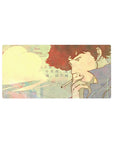 Mouse pad with Spike Spiegel, 32x16 inches, featuring watercolor-inspired pastels, drifting smoke, and handwritten notes for a melancholic design.