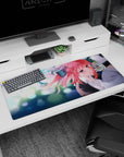 Shy anime girl scene desk pad 36x16 inches, soft close-up portrait with ribboned pink hair.