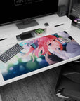 40x20 inches anime girl desk pad featuring shy close-up pink-haired girl with big bows and blue eyes.