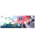 32x12 inches anime girl mouse pad with pink-haired ribbon character and dreamy bokeh sparkle background.