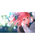40x20 inches anime girl desk pad with pink-haired ribbon girl, glossy blue eyes, dreamy bokeh background.