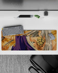 32x12 inches anime girl mouse pad in parchment gold and violet tones, calm yet dangerous vibe, smooth desk mat.