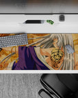 36x16 inches anime desk pad in warm parchment gold with fierce dragon pattern and calm storm vibe.