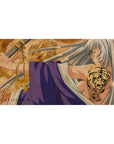 40x20 inches anime girl desk pad with silver-haired warrior, dragon backdrop, violet wraps, tiger tattoo.