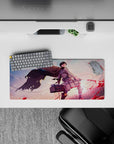 28x12 inches mouse pad with Levi Ackerman, crimson blade, and golden battlefield capturing his strength for AOT fans.
