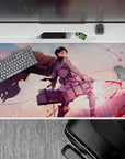 40x20 inches mouse pad showcasing Levi Ackerman in his fiercest moment, blade soaked in crimson against a golden backdrop.