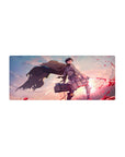 Mouse pad featuring Levi Ackerman, 28x12 inches, with crimson blade and golden battlefield for a dramatic AOT look.