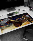 Minato from Naruto on a 40x20 inch desk pad, captured against a sunset sky, evoking power and emotion.
