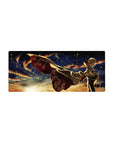 Minato from Naruto stands against a sunset sky on a 28x12 inch anime mouse pad, his cloak flaring in golden and crimson light.