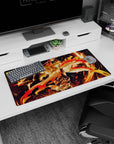 Anime mouse pad featuring Rengoku from Demon Slayer, size 32x16 inches, vibrant flames and dynamic action scene.