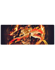 Anime mouse pad 32x12 inches featuring Rengoku from Demon Slayer in fiery action, with vivid orange, red, and gold tones.