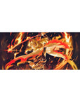 Rengoku Demon Slayer anime mouse pad, 36x16 inches, featuring Rengoku ablaze in red and gold, sword slicing through darkness.