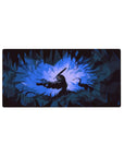 Mouse pad featuring Guts in his Berserker Armor surrounded by jagged shadows and glowing blue light, 32x16 inches, perfect for bringing intense battle energy to your workspace.
