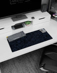 Dynamic Blue Topographic Contour artwork on 28x12 desk mat perfect for celebrating minimalist elegance