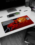 Modern 32x16 inches mouse pad featuring Asuka Langley Soryu and Unit-02 design, blending crimson and golden hues for a striking, emotional aesthetic.