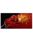 Mouse pad featuring Asuka Langley Soryu and Unit-02 design, 32x16 inches, with crimson hues and golden accents to showcase both strength and vulnerability.