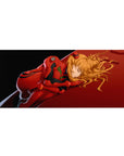 Mouse pad featuring Asuka Langley Soryu and Unit-02 design, 36x16 inches, with crimson hues and soft golden highlights capturing strength and vulnerability.