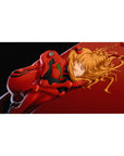 Mouse pad featuring Asuka Langley Soryu and Unit-02 design, 40x20 inches, with bold crimson hues and soft golden highlights for a striking, emotional vibe.