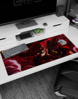 Artistic 36x16 inches mouse pad featuring Asta's Devil Union Mode design, with a crimson inferno and burning red eye for a powerful anime vibe.
