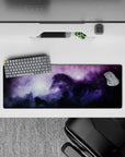 Calm mystical purple-to-inky-blue gradient mouse pad 32x12 inches with soft light blooms and stars.