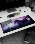 Shadowy horse emerging in a starry violet nebula desk pad scene, 36x16 inches.