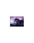 Violet nebula sky desk mouse pad with speckled stars and dreamy horse silhouette, 14x10 inches.
