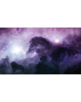 Violet nebula stardust desk pad with speckled stars, 40x20 inches.