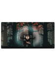 Anime mouse pad 32x16 inches featuring Inosuke from Demon Slayer with his iconic boar mask amidst eerie silhouettes.
