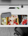Warm matsuri mood anime desk mat mouse pad 32x12 inches in gold, orange, lantern green, and wood tones.