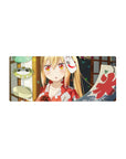 28x12 inches anime girl mouse pad with fox mask, festival lantern backdrop, red banner, and gold hair.
