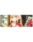 Summer festival anime girl mouse pad 32x12 inches with fox mask, lantern backdrop, and red banner.
