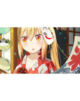 Anime girl desk pad 40x20 inches with fox mask, festival lantern backdrop, and bold red banner.