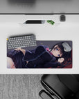Midnight palette anime girl mouse pad 28x12 inches in deep charcoal and cool purples with confetti dots.