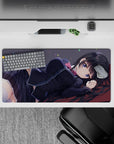 32x16 inches anime girl mouse pad in deep charcoal and cool purples with confetti dots, soft shy vibes.